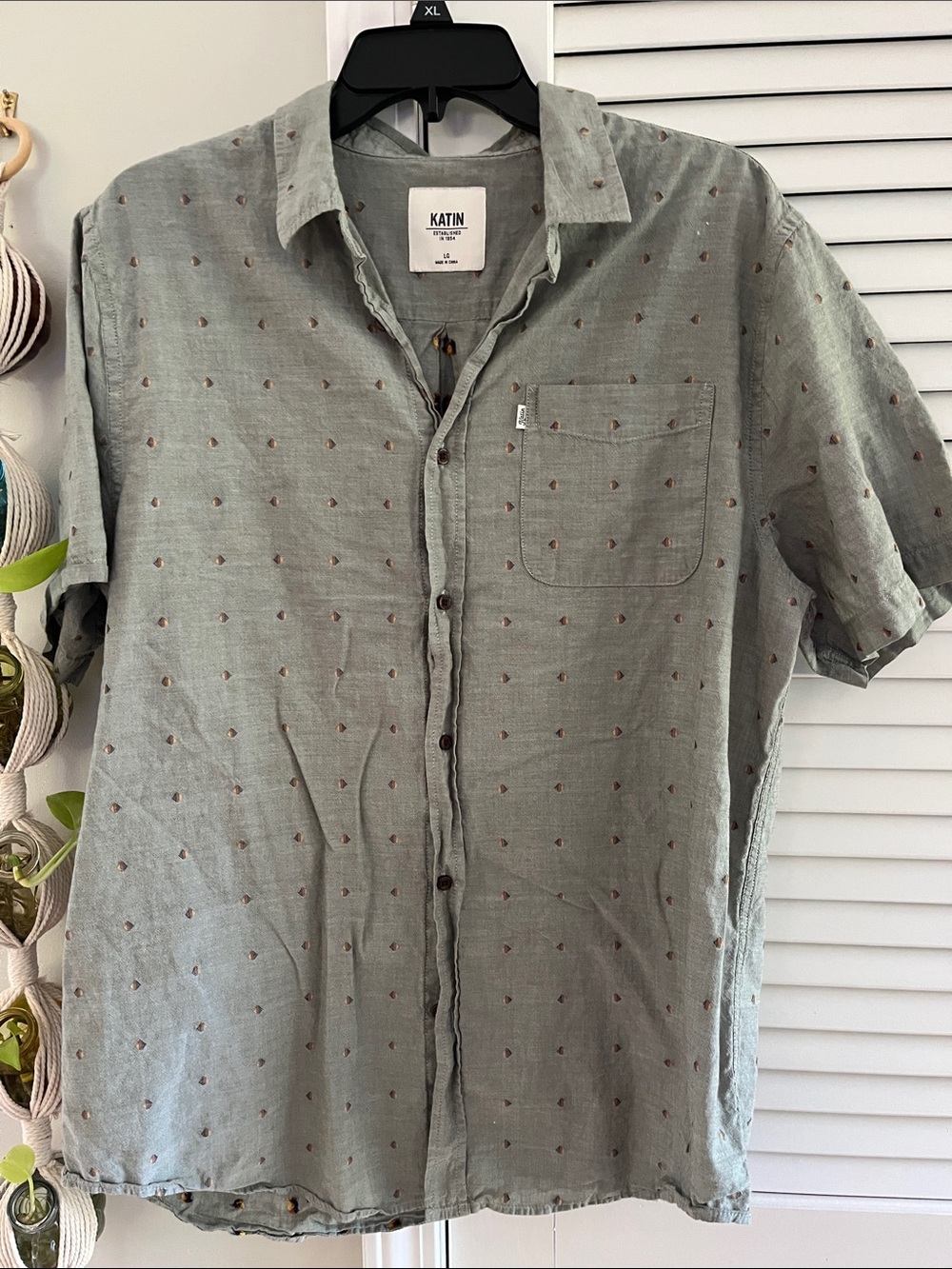 Katin Men's Short Sleeve Button-Down Shirt in Sage Green with Brown Dot Print
